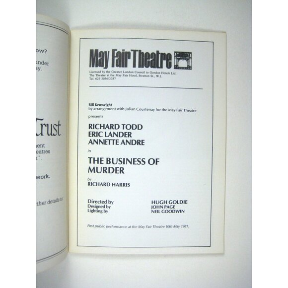 Business Of Murder Mayfair Theatre Program 1985 London Richard Todd Lander - Picture 2 of 5